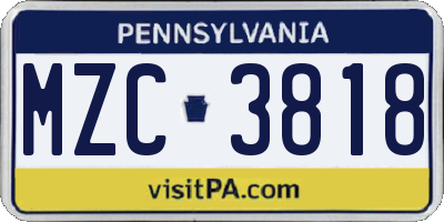 PA license plate MZC3818