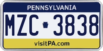 PA license plate MZC3838