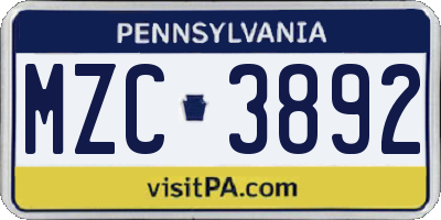 PA license plate MZC3892