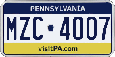 PA license plate MZC4007