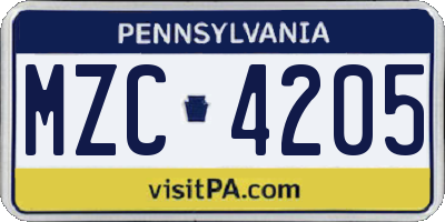 PA license plate MZC4205