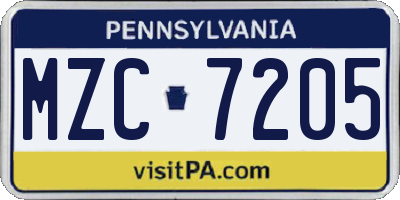 PA license plate MZC7205