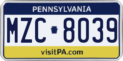 PA license plate MZC8039