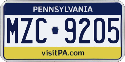 PA license plate MZC9205
