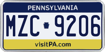 PA license plate MZC9206