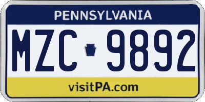PA license plate MZC9892