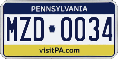 PA license plate MZD0034