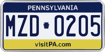 PA license plate MZD0205