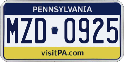 PA license plate MZD0925