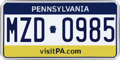 PA license plate MZD0985
