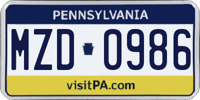 PA license plate MZD0986