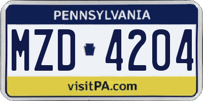 PA license plate MZD4204