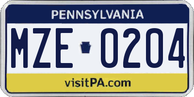 PA license plate MZE0204