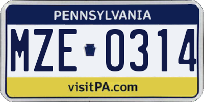 PA license plate MZE0314