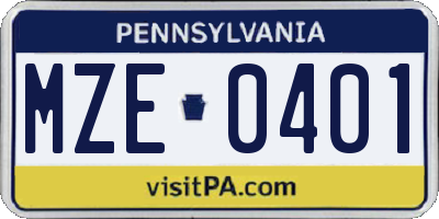 PA license plate MZE0401