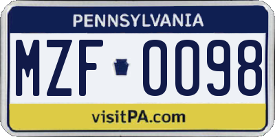 PA license plate MZF0098
