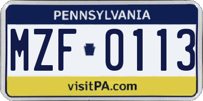 PA license plate MZF0113