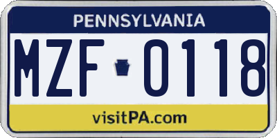 PA license plate MZF0118