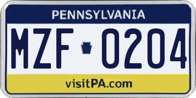 PA license plate MZF0204