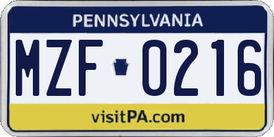 PA license plate MZF0216
