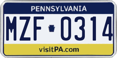 PA license plate MZF0314