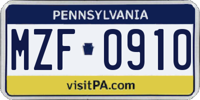 PA license plate MZF0910