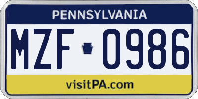 PA license plate MZF0986