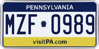 PA license plate MZF0989