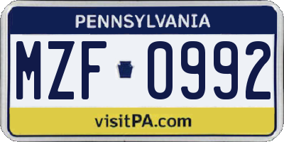 PA license plate MZF0992