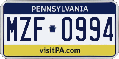 PA license plate MZF0994