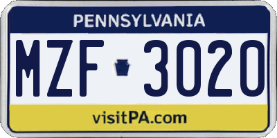 PA license plate MZF3020