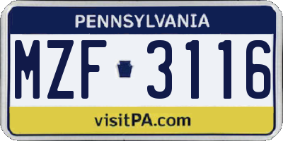 PA license plate MZF3116