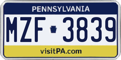 PA license plate MZF3839