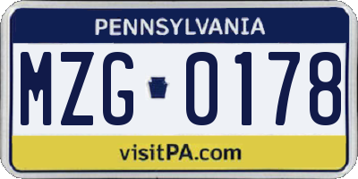PA license plate MZG0178