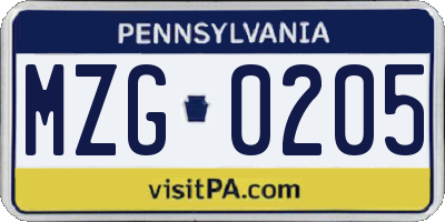 PA license plate MZG0205