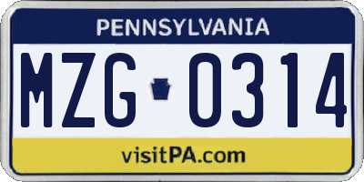 PA license plate MZG0314