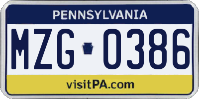 PA license plate MZG0386