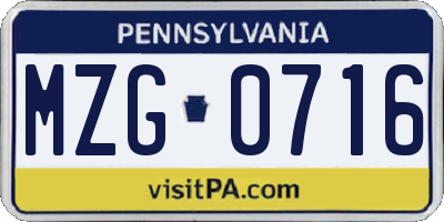 PA license plate MZG0716