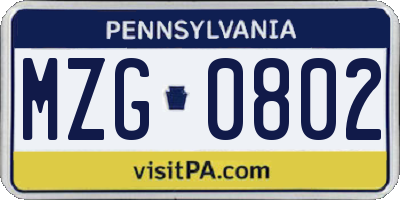 PA license plate MZG0802
