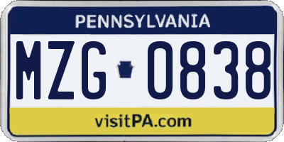 PA license plate MZG0838