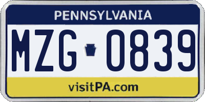PA license plate MZG0839