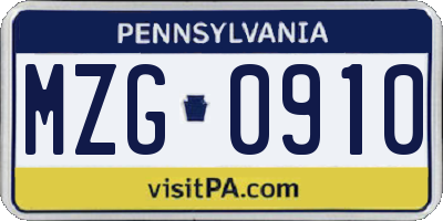 PA license plate MZG0910