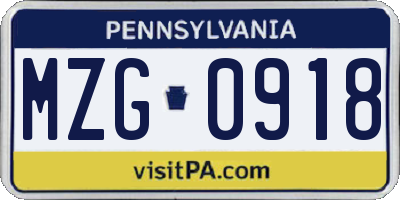 PA license plate MZG0918