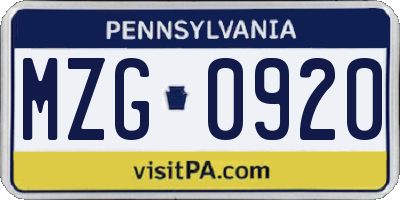 PA license plate MZG0920