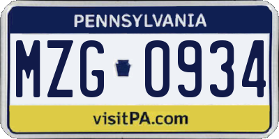 PA license plate MZG0934