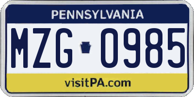 PA license plate MZG0985
