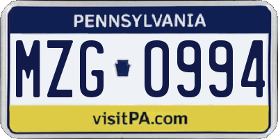 PA license plate MZG0994