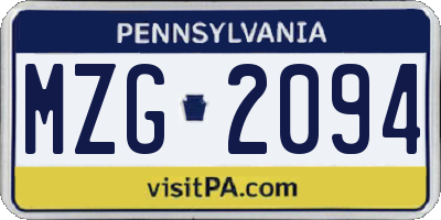 PA license plate MZG2094