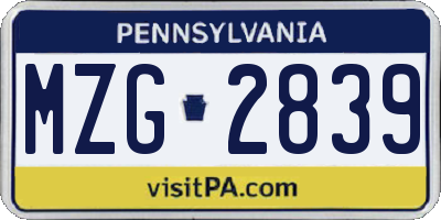 PA license plate MZG2839