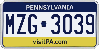 PA license plate MZG3039
